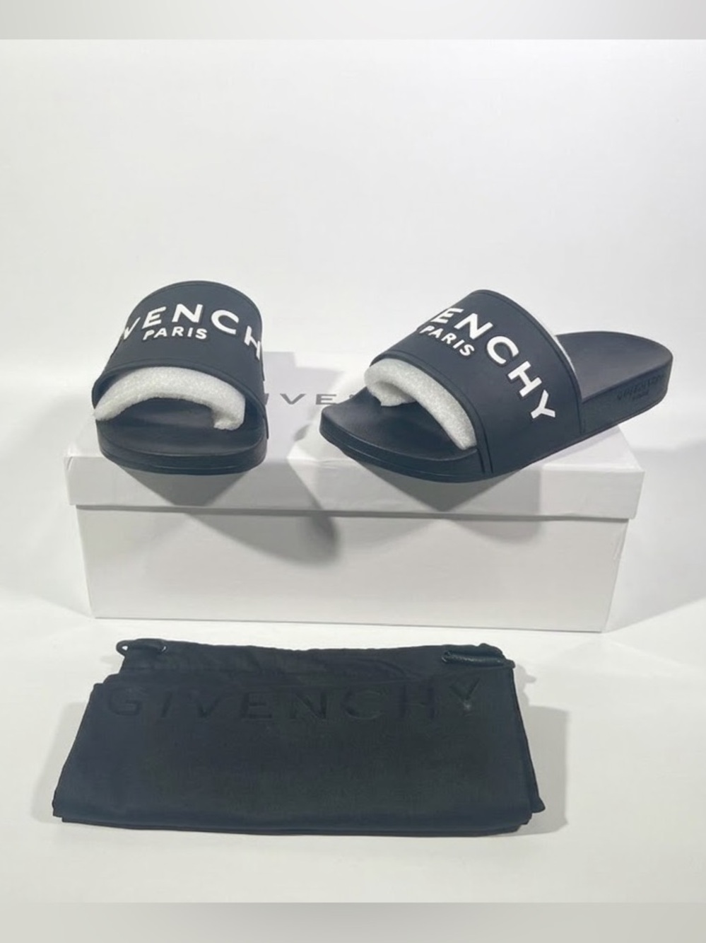 Givenchy Black Logo Slide Sandals with White Lettering